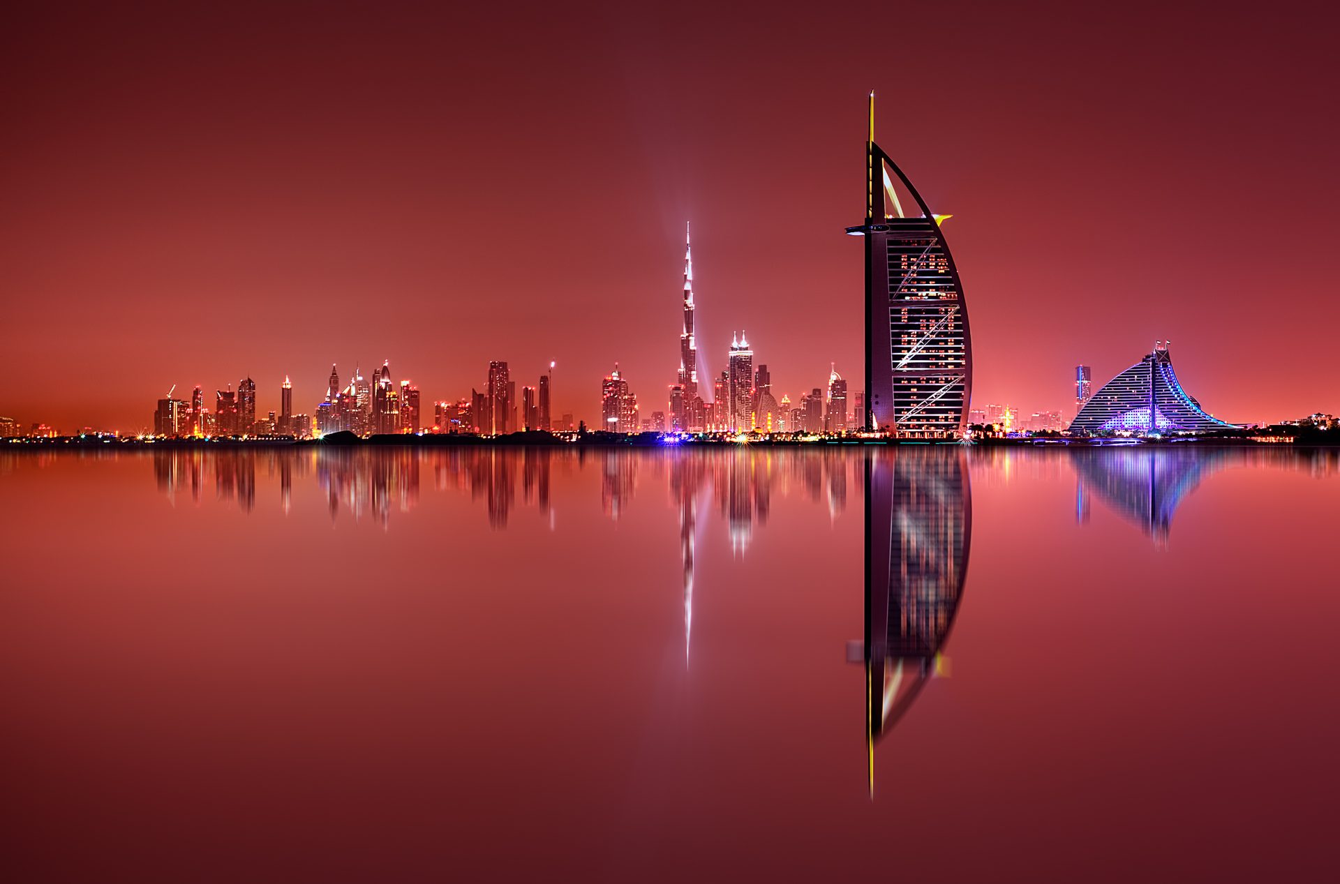 Dubai skyline reflection at night, Dubai, United Arab Emirates